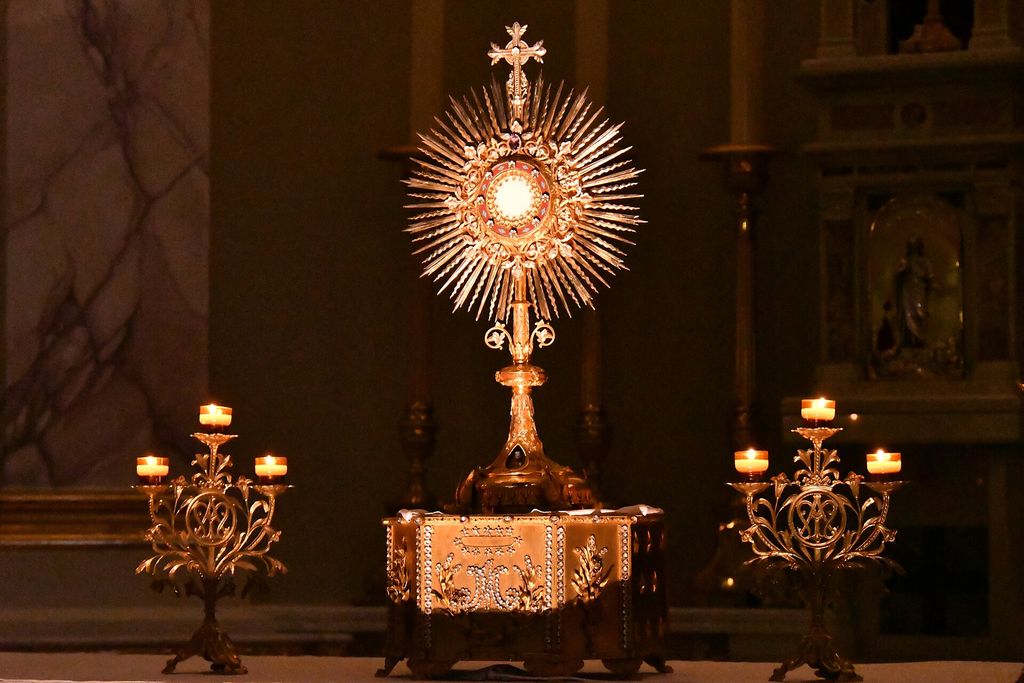 The monstrance on the altar during Eucharistic adoration